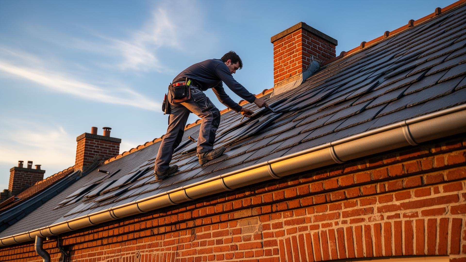 Couvreur travaillant sur une toiture en ardoise à Douai